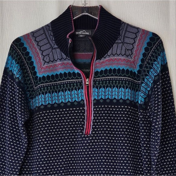 Eddie Bauer Blue Fair Isle Quarter Zip High Neck Preppy Knit Pullover Sweater - Picture 2 of 11